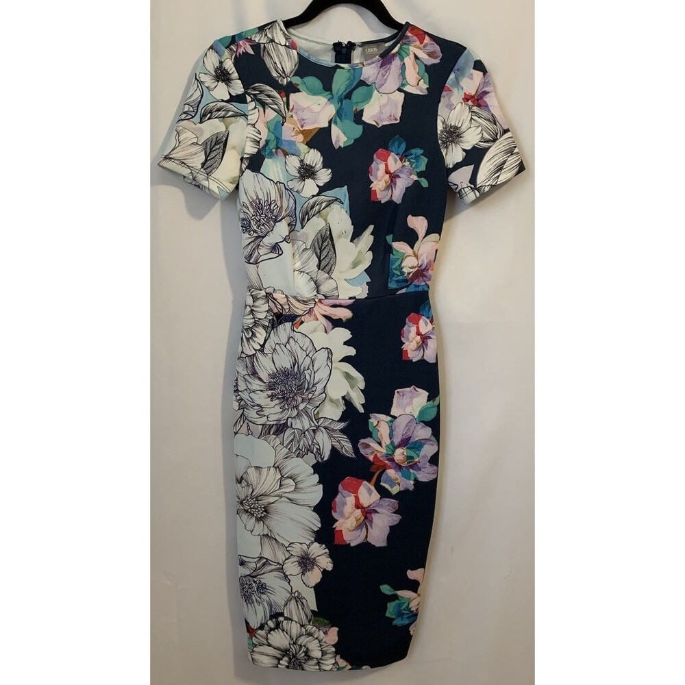 ASOS Womens Size 0 Dress Floral Sheath Body Con Stretch MIDI Short Sleeves